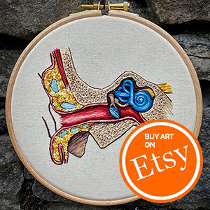 Embroidered anatomy of the inner ear stitched by Cath Janes of Cath Janes
