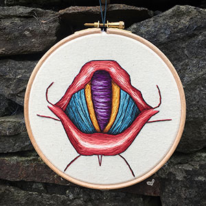 Vocal cord anatomy embroidery by Cath Janes