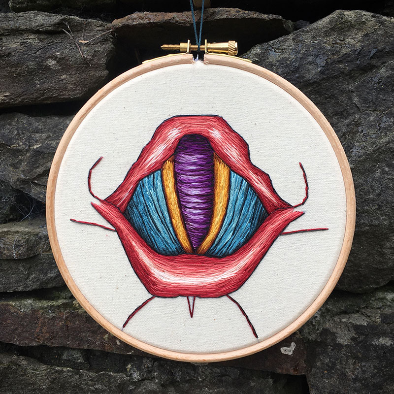 Embroidered hoop of the vocal cords by Cath Janes