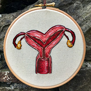 Anatomically represented bicornuate uterus -  embroidery art by Cath Janes