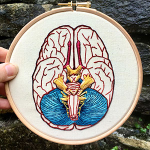 Anatomical brain embroidery art by Cath Janes