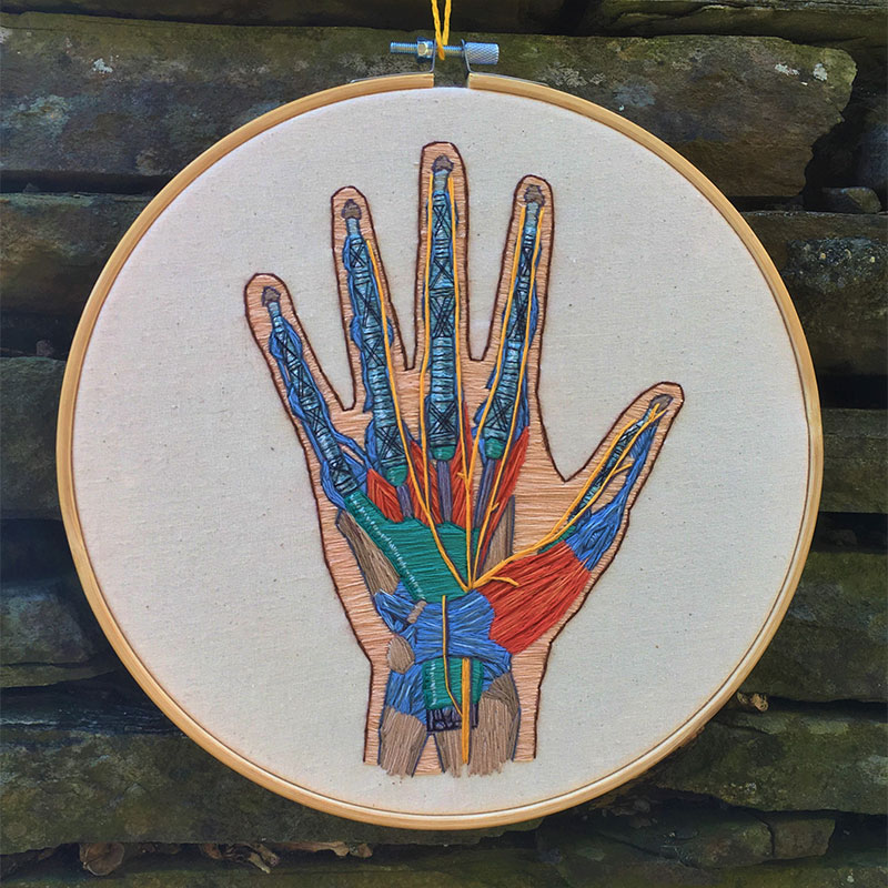 Embroidered hoop of the human hand by Cath Janes