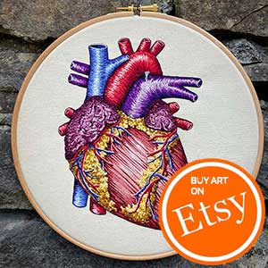 Anatomy of the heart embroidered by Cath Janes of  Cath Janes