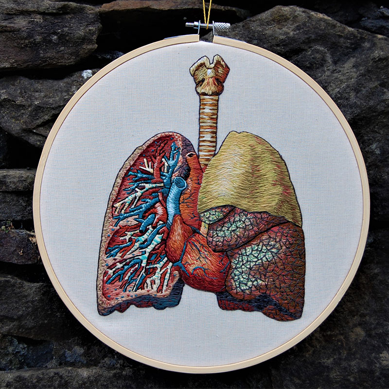Embroidered hoop of a lung by Cath Janes