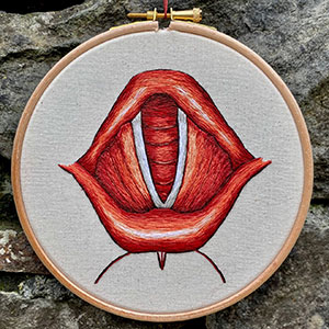  embroidered anatomical art of the vocal cord by Cath Janes