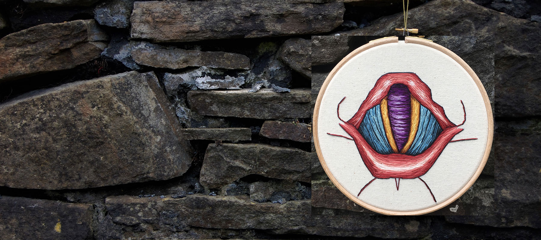 Vocal cord by medical anatomy illustrator Cath Janes using embroidery as a medium