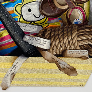  Detail of I Kept All of it  - a hand  embroidered basket of birth trauma memories by Cath Janes